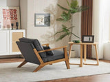 Mid-Century Oak Accent Chair - Linen-Cotton Dark Gray Upholstered Single Lounge Chair, Indoor 18928808