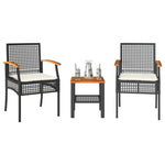 ZNTS 3 Piece Bistro Set with Cushions Black Poly Rattan Acacia Wood 366259