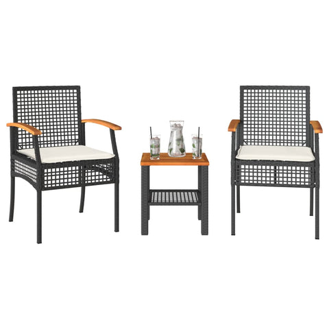 3 Piece Bistro Set with Cushions Black Poly Rattan Acacia Wood 366259