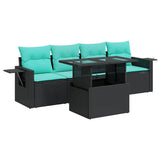 5 Piece Garden Sofa Set with Cushions Black Poly Rattan Acacia 3326398