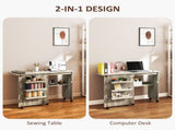 Folding Sewing Table, Drop Leaf Craft Table with Storage Bins, Open Shelf and Wheels, Rolling Sewing T3398P344848