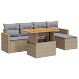 6 Piece Garden Sofa Set with Cushions Beige Poly Rattan Acacia 3327475