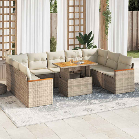 10 Piece Garden Sofa Set with Cushions Beige Poly Rattan Acacia 3327530
