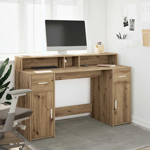 Desk with LED Lights Artisian Oak 140x55x91 cm Engineered Wood 3309428