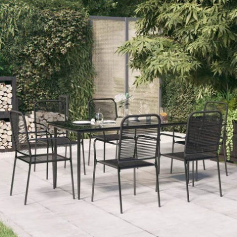 7 Piece Garden Dining Set Black Cotton Rope and Steel 3156541