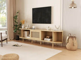 TV Stand with 1 Rattan Drawer and 2 Sliding Doors,Oval TV Cabinet Storage Sideboard with Rounded N605P339346E