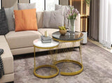 Round Coffee Modern Coffee Table Set of 2 Marble Pattern Top with Metal Frame, Small Side WF307775AAA