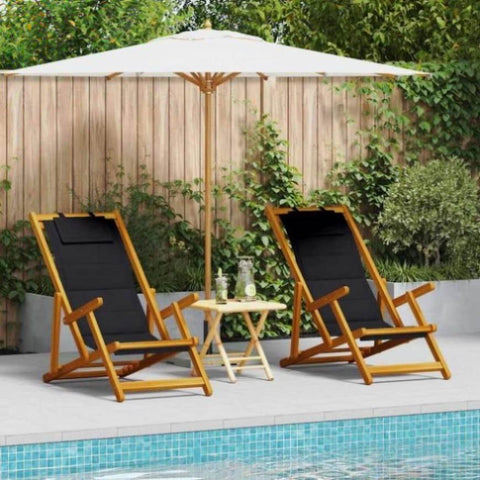 ZNTS Folding Beach Chairs 2 pcs Black Solid Wood Acacia & Textilene 3325140