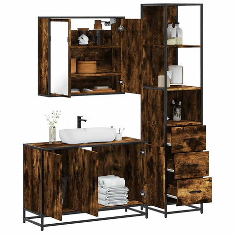 ZNTS 3 Piece Bathroom Furniture Set Smoked Oak Engineered Wood 3301132