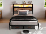 90cm190cm Single Metal Bed Frame with RGB Smart LED Lights & Storage Headboard, Heavy Duty 363kg T6135P515083