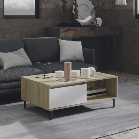 Coffee Table White and Sonoma Oak 90x60x35 cm Engineered Wood 806009