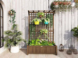 Raised Bed with Drainage Holes, Wood Planter with Trellis for Climbing Plants to Grow Vegetables, T3398P314199