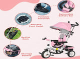 6 in 1 Kids Trike Push Bike w/ Push Handle, Canopy, 5-point Safety Belt, Storage, Footrest, Brake, T3398P347547