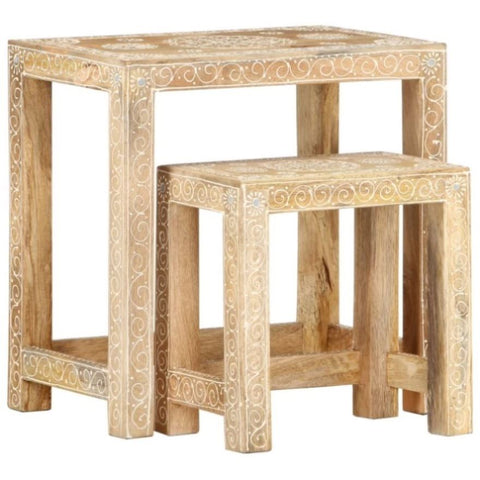 ZNTS 2 Piece Hand-painted Side Table Set Solid Mango Wood 285881