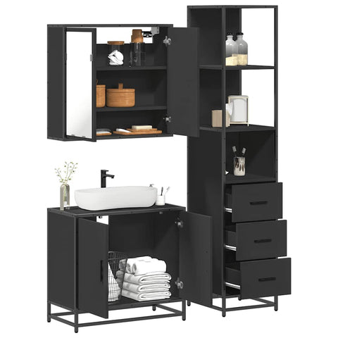 ZNTS 3 Piece Bathroom Furniture Set Black Engineered Wood 3301125