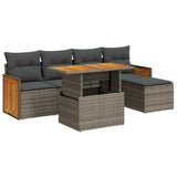 ZNTS 6 Piece Garden Sofa Set with Cushions Grey Poly Rattan Acacia 3327700