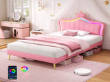 3ft Single Upholstered Bed with LED Adjustable Crown Shape Headboard, PU Leather Bed Frame with N652P265845P