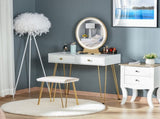 Dressing Table Set with LED Light, Round Mirror, Vanity Makeup Table with 2 Drawers and Cushioned T3398P329538