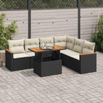 ZNTS 7 Piece Garden Sofa Set with Cushions Black Poly Rattan Acacia 3327493