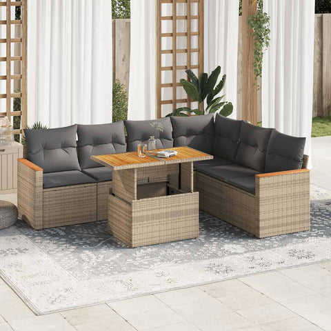 ZNTS 7 Piece Garden Sofa Set with Cushions Beige Poly Rattan Acacia 3327496