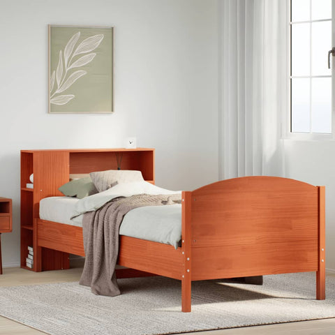ZNTS Bookcase Bed without Mattress Wax Brown 90x190cm Single Solid Wood Pine 3323088