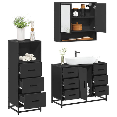 ZNTS 3 Piece Bathroom Furniture Set Black Engineered Wood 3301050