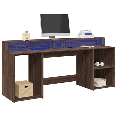Desk with LED Lights Brown Oak 200x55x91 cm Engineered Wood 3309444