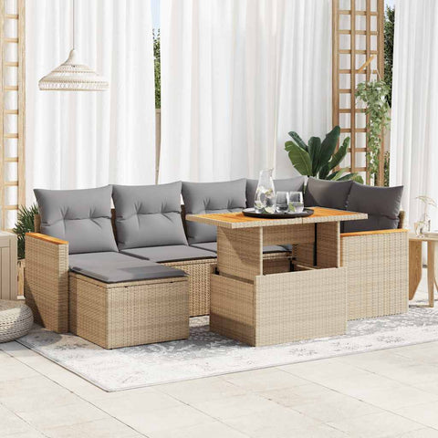 ZNTS 7 Piece Garden Sofa Set with Cushions Beige Poly Rattan Acacia 3327510