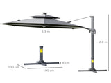 3m Cantilever Parasol w/ Solar Lights Power Bank Base 360&deg Spin Dark Grey T3398P314104