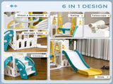 6-in-1 Swing and Slide Set, Kids Playground with Basketball Hoop, Telescope, Storage Space - Yellow T3398P422178