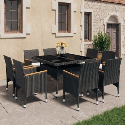 ZNTS 9 Piece Garden Dining Set Poly Rattan and Tempered Glass Black 3095894