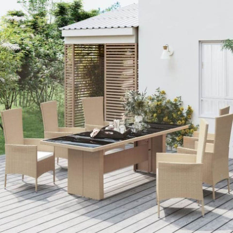 Garden Table with Glass Top Beige Poly Rattan&Tempered Glass 319557