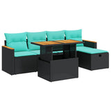 6 Piece Garden Sofa Set with Cushions Black Poly Rattan Acacia 3328107