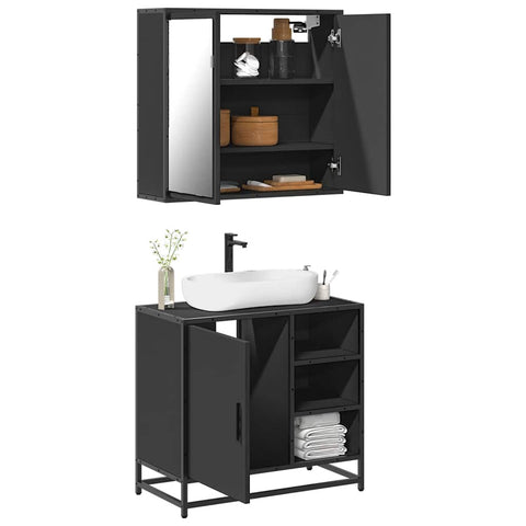 ZNTS 2 Piece Bathroom Furniture Set Black Engineered Wood 3300905
