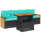 5 Piece Garden Sofa Set with Cushions Black Poly Rattan Acacia 3327655