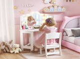 Kids Dressing Table and Stool Set, Girls Vanity Table with 2-Colour LED Lights, Tri-Folding Mirror, T3398P422151