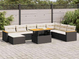 9 Piece Garden Sofa Set with Cushions Black Poly Rattan Acacia 3327521