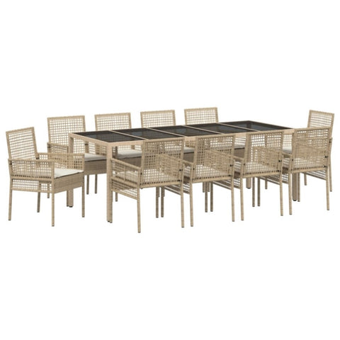ZNTS 11 Piece Garden Dining Set with Cushions Beige Poly Rattan 3334886