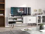 TV Stand with Cupboard, Open Shelves, Striped Doors, Wooden legs, White T3398P344513