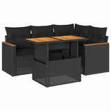 ZNTS 5 Piece Garden Sofa Set with Cushions Black Poly Rattan Acacia 3327478