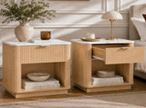 Set of 2 Modern Fluted Bedside Tables, Oak Effect Nightstands with Marble-Effect Top, Spacious N606P518989E