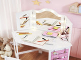 Kids Dressing Table and Stool Set, Girls Vanity Table with 2-Colour LED Lights, Tri-Folding Mirror, T3398P422151