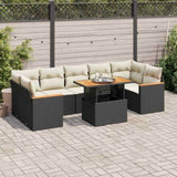 ZNTS 7 Piece Garden Sofa Set with Cushions Black Poly Rattan Acacia 3327458