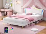 3ft Single Upholstered Bed with LED Adjustable Crown Shape Headboard, PU Leather Bed Frame with N652P265845W