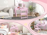 Kids Dressing Table Sets with Stool and Tri-Fold Mirror, Drawer for Playroom, Bedroom - Pink T3398P422147