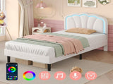 3ft Single Upholstered Bed with LED Adjustable Shell Shape Headboard, Soft Velvet Bed Frame with N652P242015W