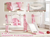 4 in 1 Kids Slide and Swing Set with Climber, Basketball Hoop, Rabbit-Themed, Pink T3398P378997