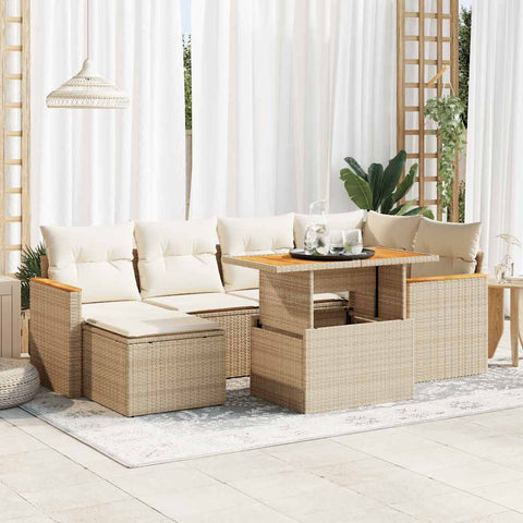 7 Piece Garden Sofa Set with Cushions Beige Poly Rattan Acacia 3327509
