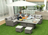 8-Seater Outdoor PE Rattan Sofa Set Conversation Set w/ Fire Pit Table, L-Shape Sofa, Footstool and T3398P320001
