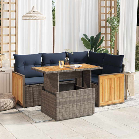 5 Piece Garden Sofa Set with Cushions Grey Poly Rattan Acacia 3327708